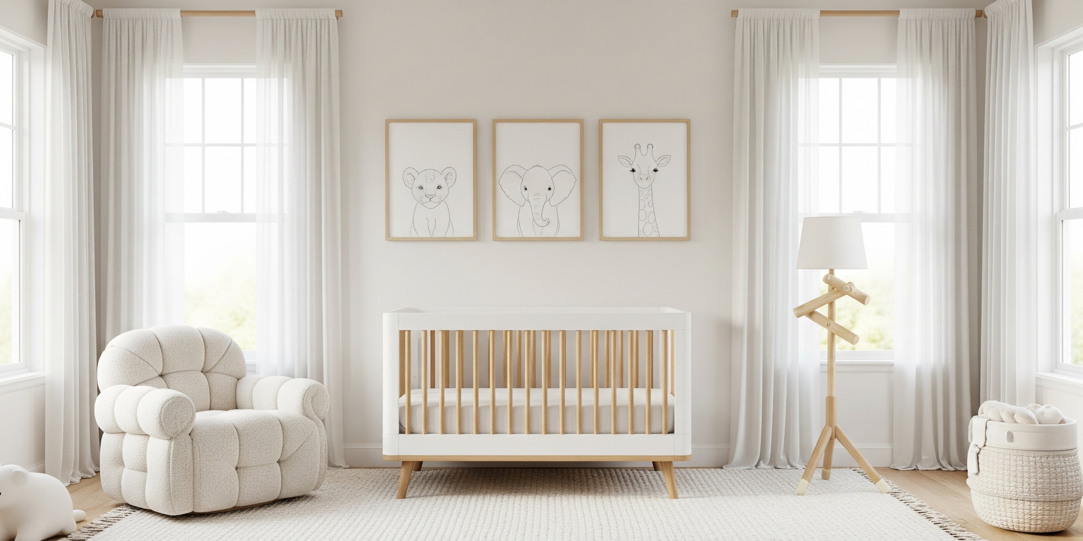 Imagen de habitación de un bebe en la cual se muestras cuadros de animales, un sillón y una lampara. Baby Tuck Tuck Tienda en Línea