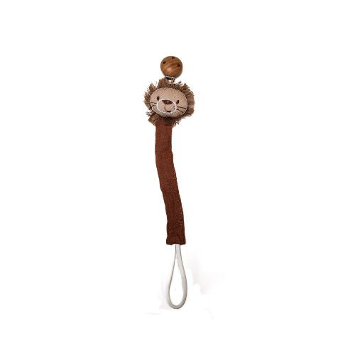 Portachupón para bebé con una adorable figura de león de madera y cuentas de silicona en tonos tierra.